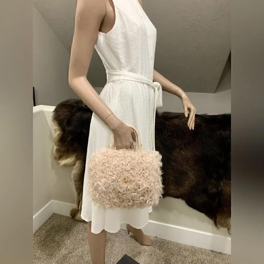 Beige Genuine Curly Shearling Top Handle & Fold Over Flap Purse, Crossbody